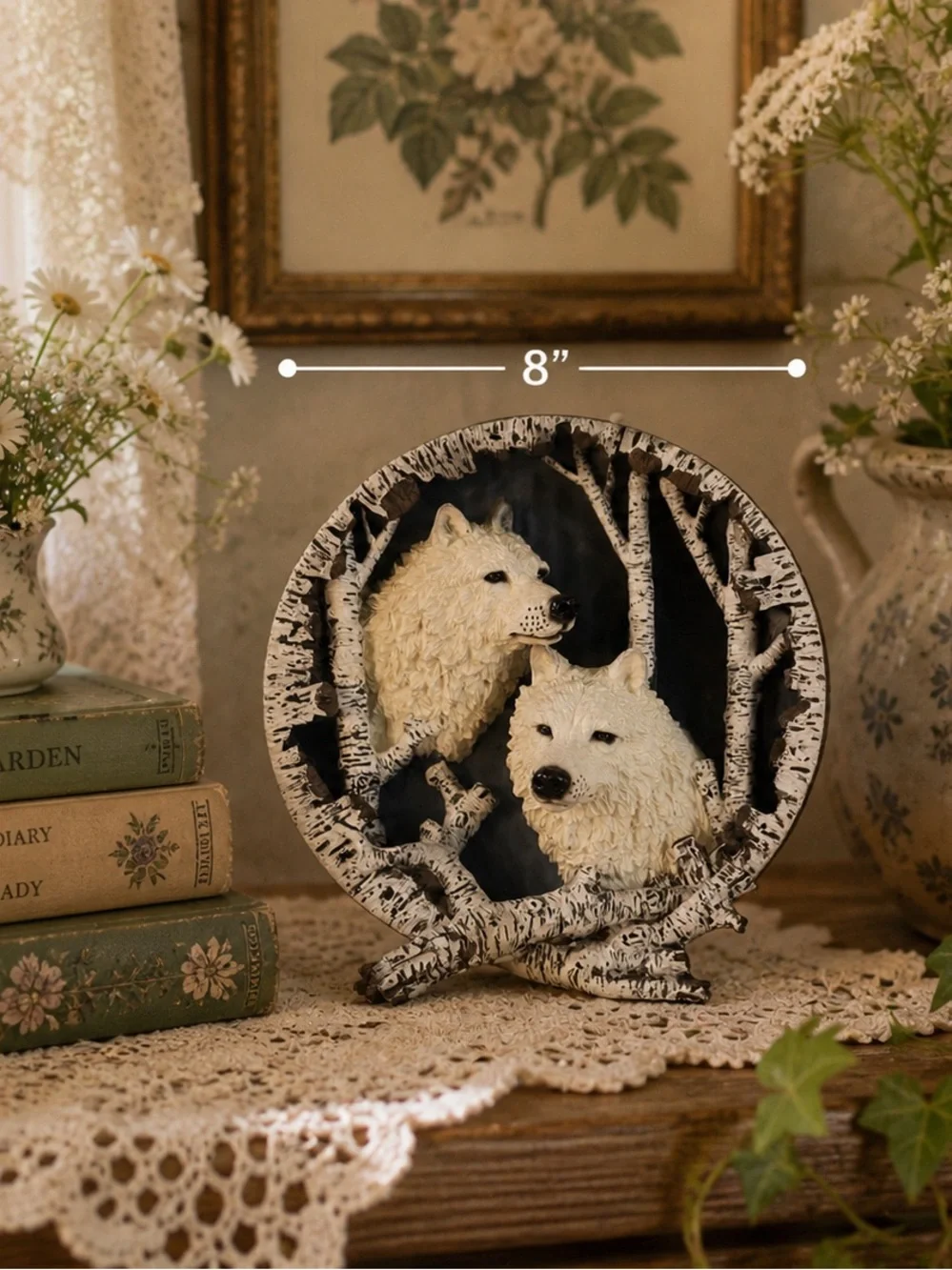 Vintage 3D Wolf Decorative Plate Sculpture | Birch Forest Wolves Wall Art | 8” - Picture 6 of 6
